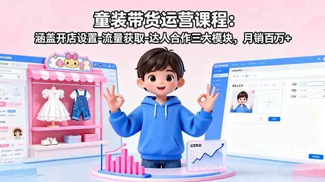 (9.24)童装带货运营课程：涵盖开店设置-流量获取-达人合作三大模块，月销百万+