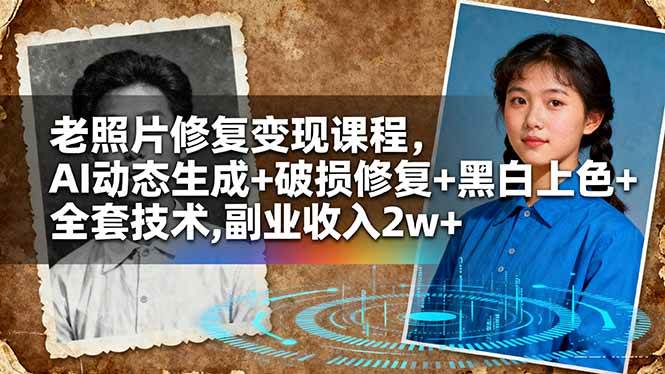 (10.25)老照片修复变现课程，AI动态生成+破损修复+黑白上色+全套技术,副业收入2w+